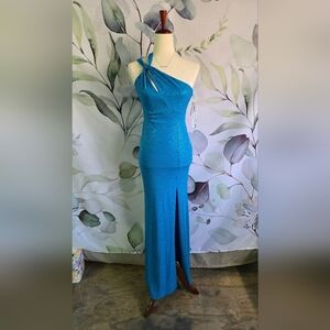 JULES & CLEO | One-Shoulder Glitter Sheath Dress in Bahama Blue sz 2